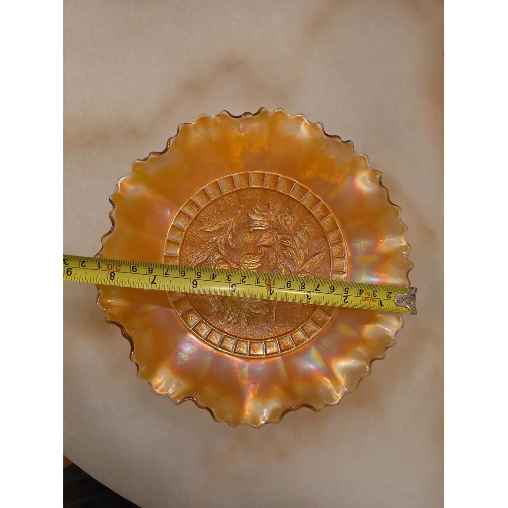 Vintage Carnival Glass Marigold Orange Iridescent Rose Plate and Ruffled Bowl